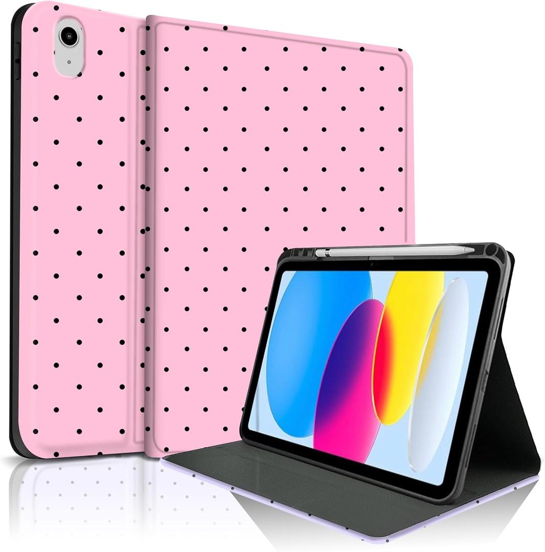 TopPerfekt Case for iPad 11th (A16) 11-inch 2025 / 10th Gen 10.9-inch 2022, Cute Polka Dot Stylish Aesthetics Design Protective Cover with Pencil Holder, Anti-Slip, Anti-Shock- Small Black Dots Pink