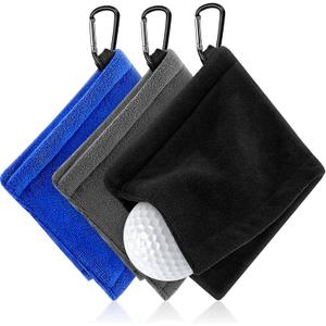 Flutesan 3 Pieces Golf Ball Towel 5.5 x 5.5 Inch, Wet and Dry Small Pocket Towel with D Clip Portable Golf Ball Cleaner Accessories for Men Women Course Exercise(Black, Grey, Blue)