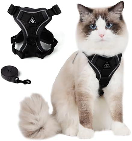 Tryonpet Cat Harness and Leash Set, Cat Escape Proof Adjustable Vest with Lead for Kitten Puppy Walking Outdoor, Soft Breathable Mesh Jacket with Reflective Strips for Dark Night (M, Black)