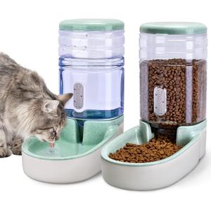 Automatic Dog Cat Feeder and Water Dispenser Gravity Food Feeder and Waterer Set with Pet Food Bowl for Small Medium Dog Puppy Kitten, Large Capacity 1 Gallon x 2 (Green)