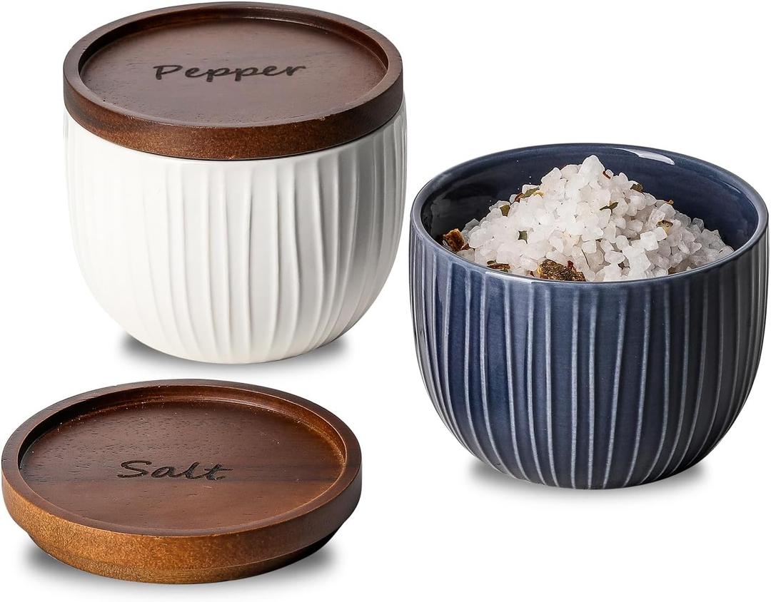Ceramic Salt and Pepper Bowls: 10 oz Stackable Spice Cellar with Wooden Lid - Stacked Seasoning Storage Containers for Kitchen Countertop - Navy & White, Set of 2