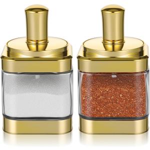 2 PCS Glass Condiment Containers Gold Spice Jars with Lids and Spoons Seasoning Pot Set Salt Box Sugar Dispenser for Kitchen Dining Room Counter Flour Sugar