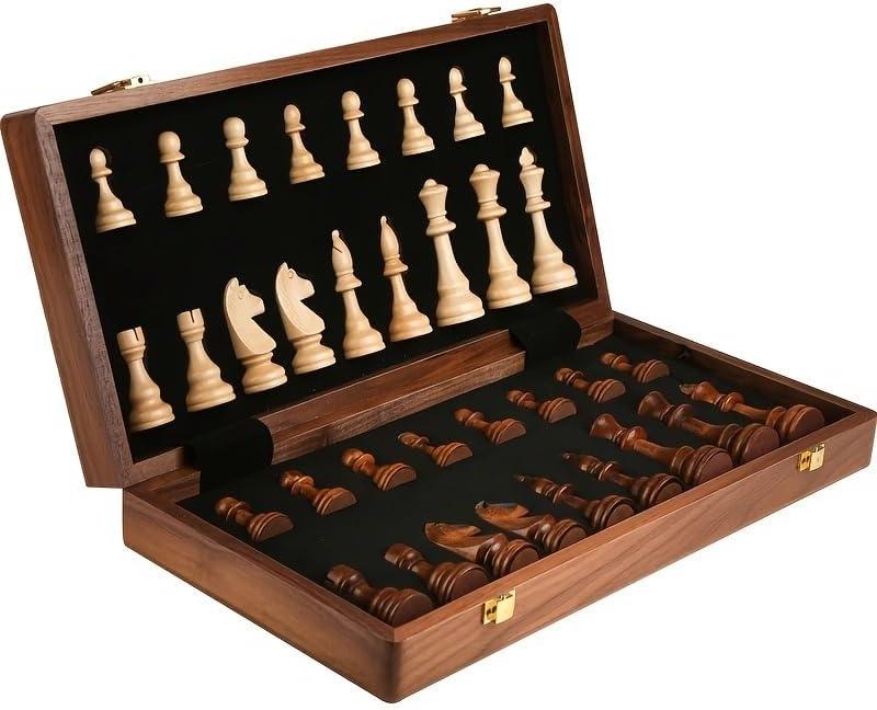 15" Folding Walnut Chess Set with Storage - Tournament-Size Portable Chess Board for Adults, Travel, Family Game Night, Gifts
