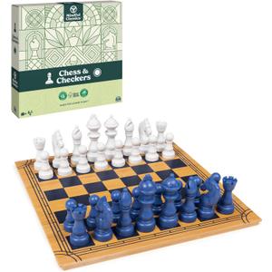 Mindful Classics, Chess Checkers Board Game Set with Bamboo Wooden Box Family Board Games Eco-Friendly Gift, for Adults and Kids Ages 8 and up