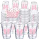 Sliner 50 Pcs 16 oz Coquette Pink Bow Disposable Plastic Cups with Straw for Party Supplies Pink Bow Cup Birthday Wedding Bridal Engagement Drinkware for Christmas Baby Shower Birthday Party Decor