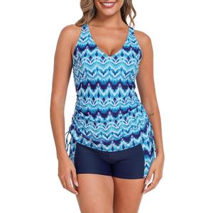 Halcurt Women's Two Piece Tankini Swimsuits Tummy Control Adjustable Drawstring Bathing Suit and Short with Pocket Blue Water Ripple L