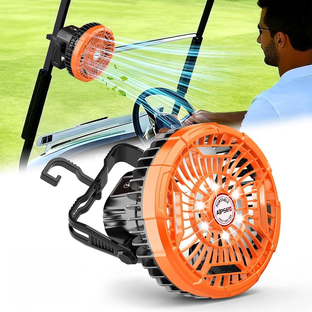 36 Hrs Long Runtime Golf Cart Fan 7-Inch Large Battery Powered Golf Fan w/3 Speeds & LED Bright Light, Remote Control, w/Hang Hook, Can Charge Your Phone, Stay Firmly, 1 PC