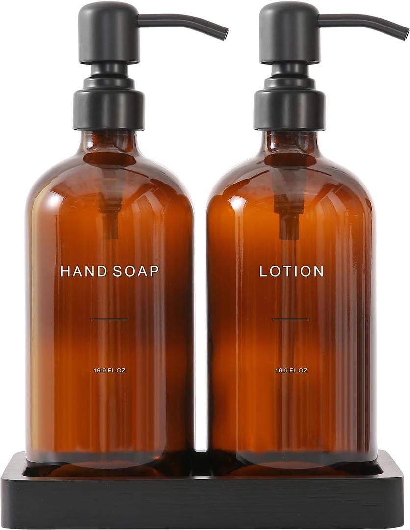 Prus Waso Amber Glass Soap Dispenser Set, Hand Soap and Lotion Set with Black Stainless Steel Pump, Perfect for Modern Bathroom Decor. (Amber)