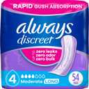 Always Discreet Adult Incontinence Pads for Women, Moderate Absorbency, Long Length, Postpartum Pads, Up to 100% Bladder Leak Protection, 54 Count 