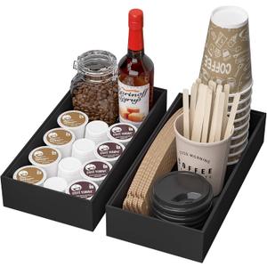 Kitchen Drawer Organizer Bins, Stackable Bamboo Drawer Organizer for Silverware, Coffee Pod Organizer K Cup Holder for Countertop, 2 Pcs Coffee Station Organizer Black 12" x 6" x 2.5"