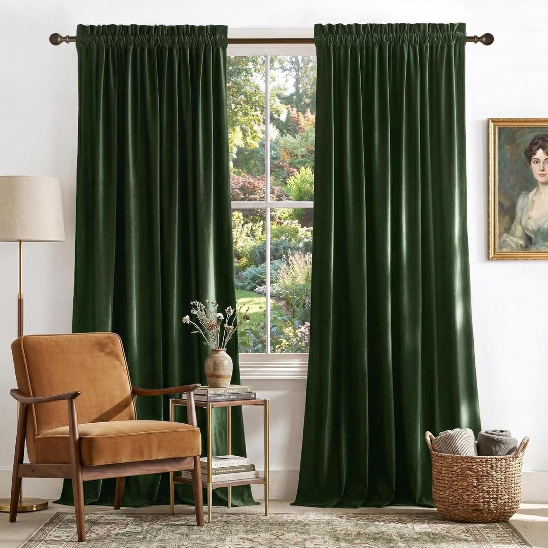 NICETOWN Olive Green Velvet Curtains 96 inch Long for Living Room, Thermal Insulated Energy Saving Super Soft Calming Luxury Blackout Window Treatments for Bedroom Elegant Decor, 52 Wide 2 Panels