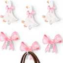 6 Pcs Decorative Goose Wall Hooks Bow Hooks Kids Room Pink White Bow Goose Wooden Hanger Holders Coquette Room Decor Cute Towel Hanger for Nursery Bathroom Bedroom Decoration