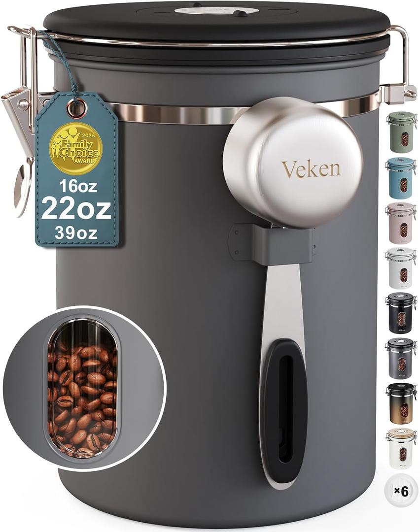 Veken Coffee Canister with Window,Airtight Stainless Steel Kitchen Food Storage Container, Date Tracker & Scoop for Grounds Coffee, Beans, Tea, Flour, Cereal,Sugar,22OZ,Grey