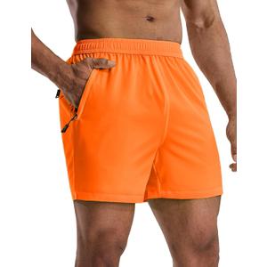 MIER Mens 5 Inch Shorts for Running Athletic Workout Dry Fit Gym Training Shorts with Zipper Pockets, No Liner (Large, Neon Orange)