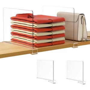 HBlife 2 Pack Clear Shelf Dividers, Vertical Purse Organizer for Closet Perfect for Sweater, Shirts, Handbags in Bedroom and Kitchen, Adjustable Acrylic Bookshelf for Organization