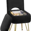 GREENSTELL Vanity Stool Chair with Storage and Folding Back, 13.4" x 15" x 30" Square Faux Fur Soft Ottoman, 4 Metal Legs with Anti-Slip Feet, Furry Padded Seat for Makeup, Bedroom, Black