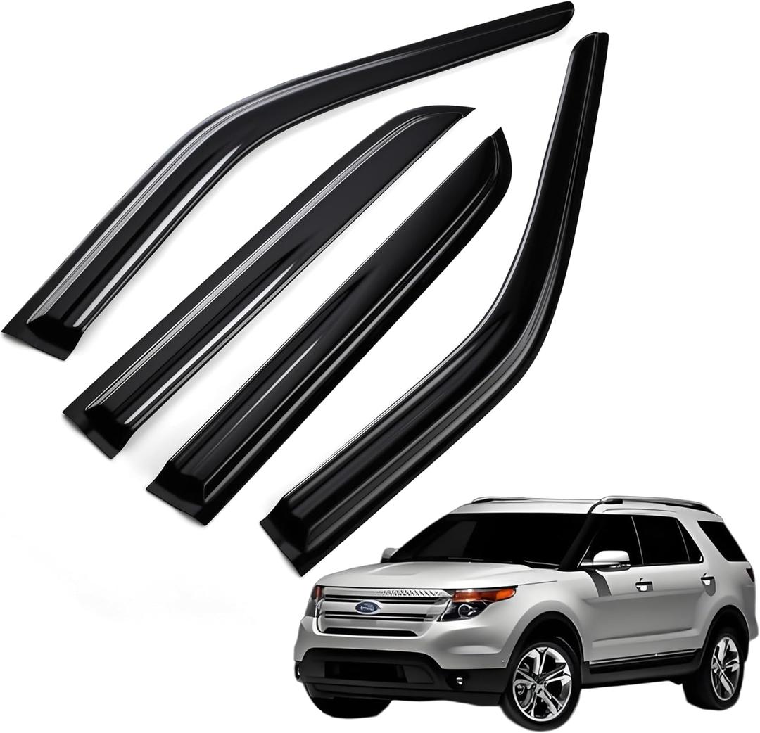 Tape on Wind Noise Reduction Rain Guards for 2011-2019 Explorer, 4-Piece Side Window Visors, UV Resistant & Weatherproof, No Drill Installation
