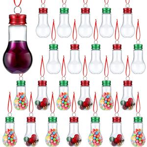 Sliner 24 Pcs Christmas Booze Balls with Ribbons Clear Plastic Fillable Christmas Bulbs Ornaments Plastic Fillable Light Bulbs with Screw Top for Crafts Xmas Tree Party Favors