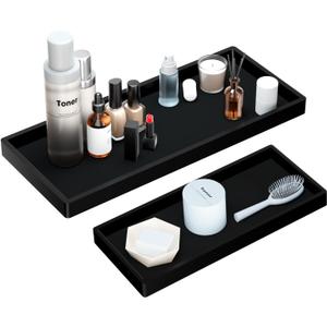 BBK Bathroom Vanity Tray- 2 Pack (7.8" and 11.8") Silicone Bathroom Tray for Counter, for Perfume Key Trinket Ring Soap Organization - Black (Black (Small & Large))