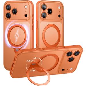 Magnetic for iPhone 17 Pro Max Case with Stash Stand, Military Grade & Full Camera Protection, Compatible with MagSafe, Anti-Slip, Translucent Matte (Orange)