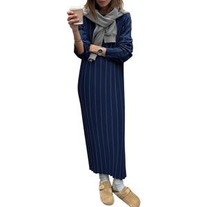 Yousify Womens 2025 Trendy Spring Long Sleeve Sweater Dresses Casual Round Neck Split Hem Striped Midi Dress, Small