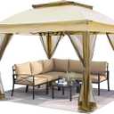 10x10 Pop Up Gazebo Tent, 2-Tier Vented Roof Outdoor Canopy,Beige | 2-Tier Vented Roof, Removable Mesh Netting, Weatherproof Outdoor Shelter, Quick Instant Setup, for Garden Lawn Backyard