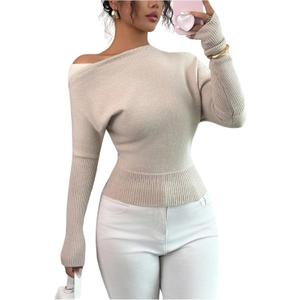 WDIRARA Women's Asymmetrical Neck Sweater Long Sleeve Pullover Knit Tops (Large, Beige)