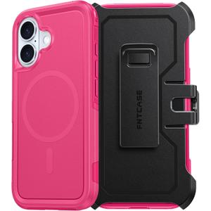 FNTCASE for iPhone 16 Magnetic Case: Dual Layer Shockproof Protective Cell Phone Cover with Rugged Belt-Clip Holster | Heavy Duty Military Grade Drop Protection Non Slip Textured Phonecase Hot Pink