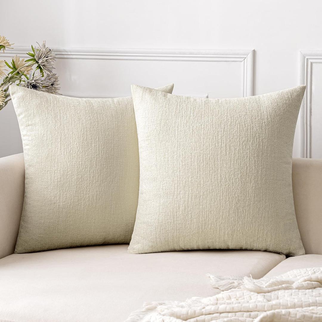 EMEMA Throw Pillow Covers 18x18 Inch Pack of 2 Couch Pillow Covers Soft Chenille Decorative Couch Modern Solid Dyed Pillowcases for Sofa Bed Cream(Only Covers)