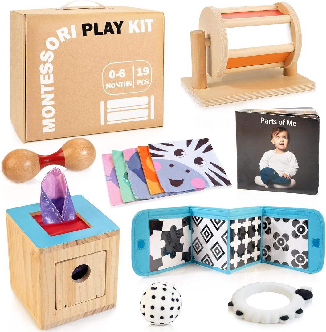 WOODMAM Montessori Toys for Babies 0-6 Months, 9 in 1 Learning Educational Sensory Toys for Newborn 0-3-6 Months, Includes High Contrast Cards, Baby Tissue Box Toy, Spinning Drum, Teether and More