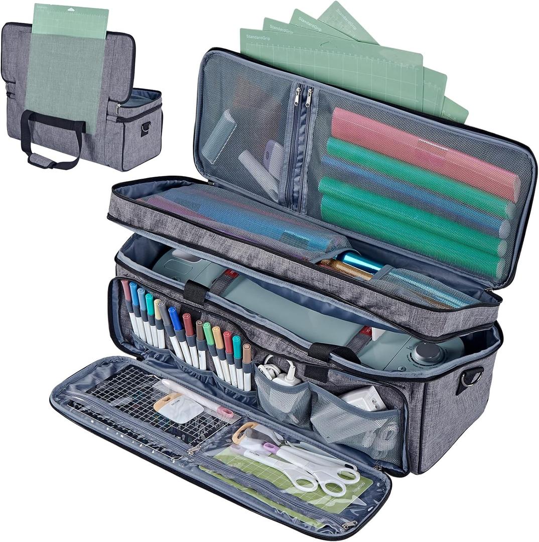 HOMEST Double Layer Carrying Case with Mat Pocket for Cricut Maker 4, Explore 4, Multi Front Pockets for Accessories and Supplies, Grey (II-Gray)
