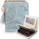 KITEVIUN Women RFID Blocking Small Bifold Wallet, Compact Cash Clutch with Zipper Coin Pocket, Glittery Butterfly Design, Credit Card Holder, Travel Purse with Tassel BLUE