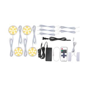 Under Cabinet LED Puck Lights Kit, Curio Display Lighting, Parallel Connection, 120VAC Wall Plug & Hard Wire, Remote Control Dimmable, Warm White, 4 Lights