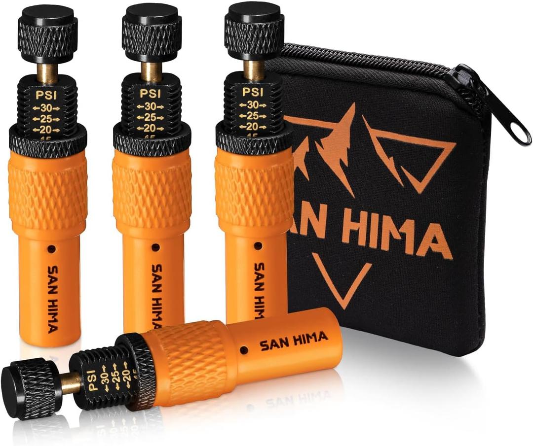 SAN HIMA Automatic Tire Deflator Kit 10-30 PSI, Auto-Stop Tire Deflator Valve Adjustable, Screw-on Air Down Tire Tool w/Storage Pouch, Rotate Detach, for Car Trucks RVs UTVs Schrader Tires (Set of 4)