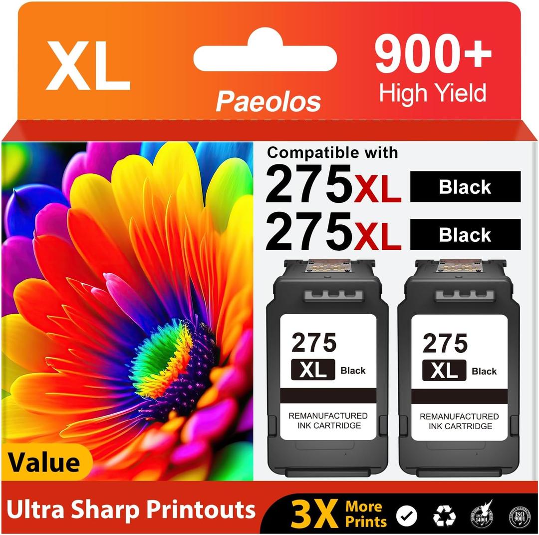 PG-275XL Black Ink Cartridges 2-Pack Replacement for Canon 275XL High Yield PG275 275XL 275 XL Compatible with Pixma TS3522 TS3520 TS3720 TS3722 TR4720 TR4722 TR4700 TR4723 TS3500 Printers (2 Black)
