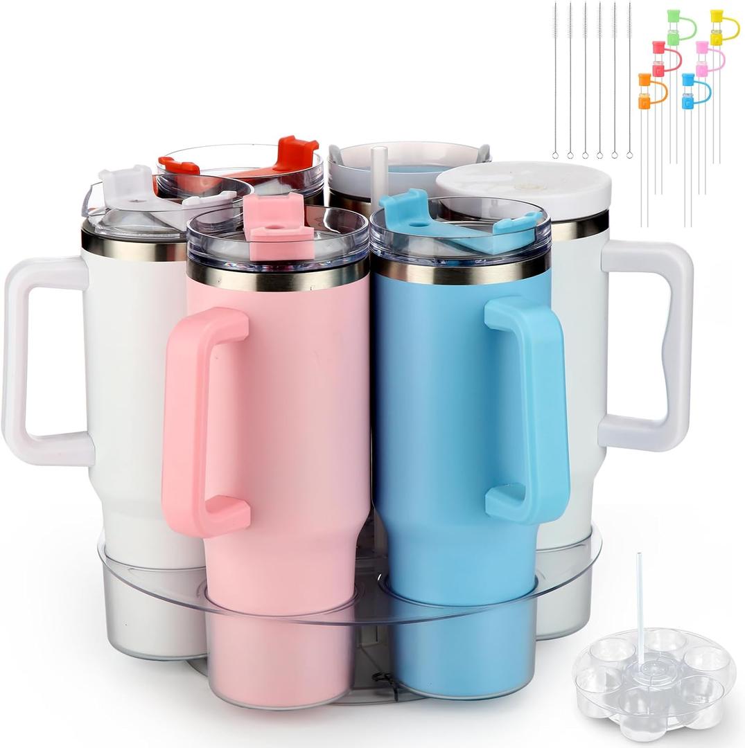 Chunful Water Bottle Organizer for Tumbler with Handle Rotatable Cup Holder Water Bottle Storage for Cabinet 40oz Cup Lid Organizer Storage Rack with 6 Straw and Straw Caps 6 Brush Transparent Kitchen