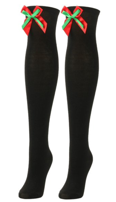 WiliW 2 Pairs Christmas Thigh High Stockings Plus Size, Red White Striped Over Knee High Socks for Women(Black Bow, XL)