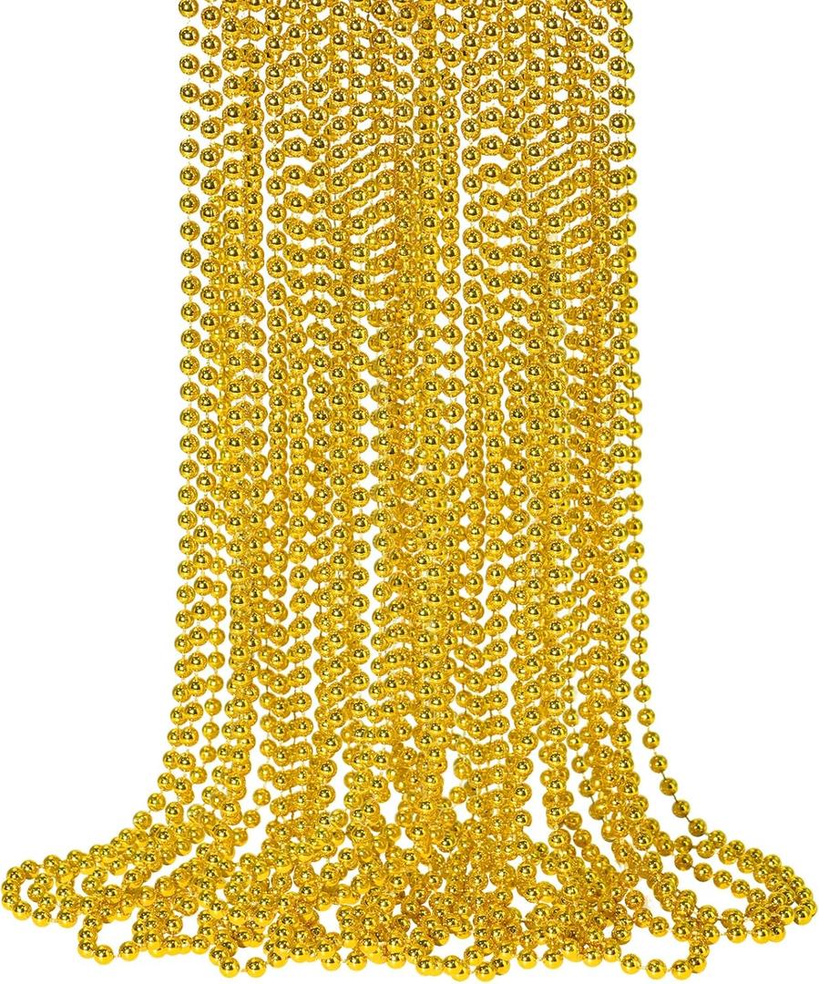 SHAOQINLIN 12 PCS Gold Bead Necklace, Mardi Gras Beads Christmas Necklaces 33" Metallic Beaded Costume Party Necklaces for Parade Throws, Wedding, Birthday, Pirate Party Favors