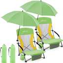Homcosan Portable Low Folding Beach Chairs Set of 2 with Detachable Umbrellas - Lightweight Camping Chairs for Adults with Cup Holder & Storage Pockets, Carry Bag Included (Green & Yellow)