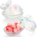 Domensi 2 Pieces Easter Glass Candy Dish with Lid Covered Candy Bowl Glass Bunny Jar Candy Servers for Easter Holiday Office Home Kitchen Table Desk (Iridescent)