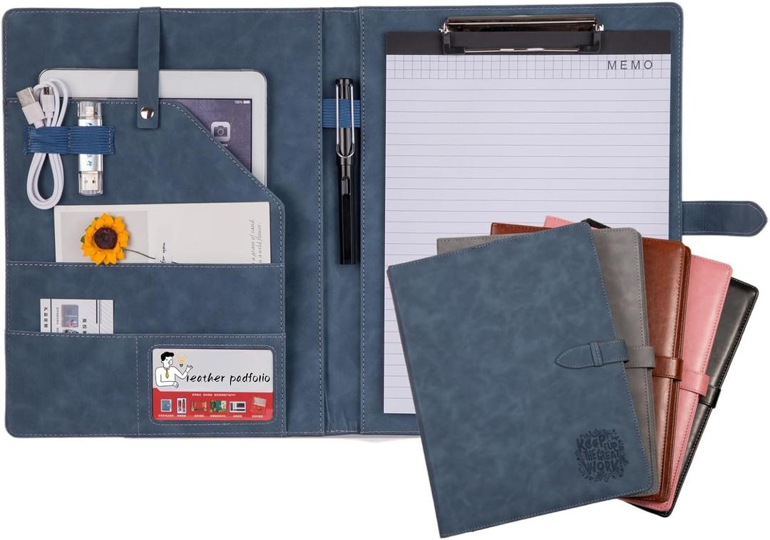 Padfolio Portfolio Leather Binder, Interview Legal Document Organizer, Padfolio Clipboard Folder, Business Card Holder Included 2pcs Letter Sized Writing Pad (Blue)
