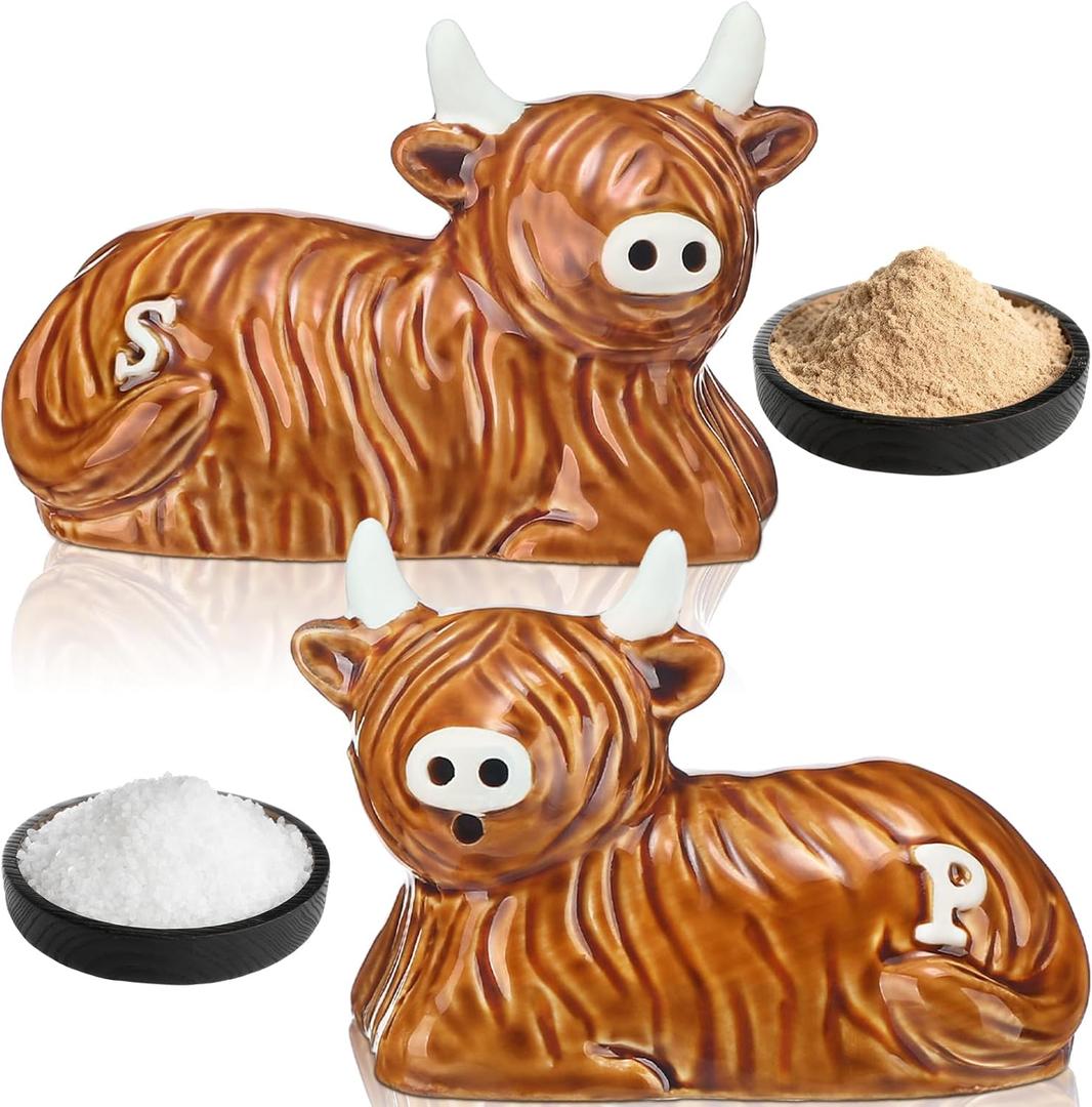 Potchen 2 Pcs Highland Cow Salt and Pepper Shaker Set Ceramic Kitchen Accessories Animal Spice Rack Scottish Highland Cow for Farm Animal Bull with Horns S&P