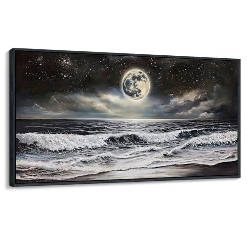 QZQCBLC Large Wall Art Bedroom, Black and White Sea Beach Canvas Wall Pictures, Waves Moon Starry Clouds Coast Paintings Artwork for Living room Home Office Artwork Framed Decor 29x58 IN