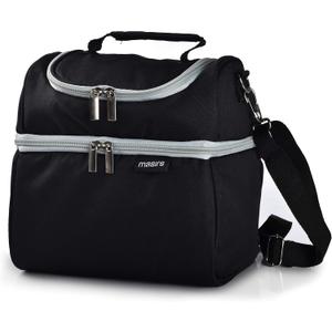 Masirs Insulated Lunch Bag Tote - Two Zippered Compartments to Keep Cold Food Chilled and Hot Food Warm. Carry Easily with Handle and Adjustable Shoulder Strap. Perfect for Travel, Work, or Picnic.
