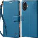 FLIPALM Wallet Case for iPhone 17 Series with Wrist Strap - PU Leather Folio Flip with Credit Card Holder & Kickstand, Protective Cover (Blue, for iPhone 17)