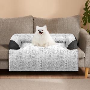 blunique Calming Small Dog Bed for Couch, 35 x 31 inch Removable Couch Cover for Dogs Washable, Non-Slip Fluffy Plush Dog Sofa Mat for Furniture Protector - Grey