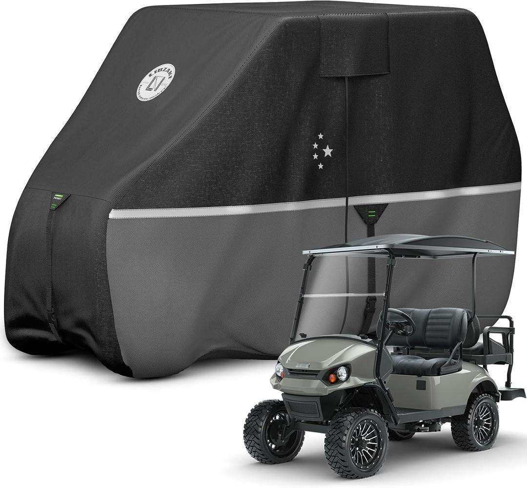 Waterproof Golf Cart Cover, 420D Heavy Duty Marine Grade Fabric, Universal Fits for Most Brand 4+2 Passengers Yamaha, Club Car, EZGO Golf Cart -Black/Gray-XL