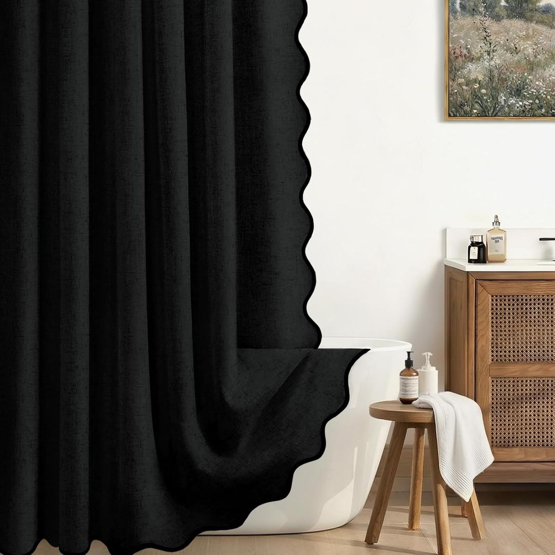 Linen Shower Curtain Flax Blcak Cute Black Scalloped Boho Modern Shower Curtains for Bathroom Set, 72" W x 72" L