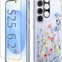 GVIEWIN for Samsung Galaxy S25 Case, [Screen & Camera Lens Protector] [Non Yellowing] Floral Clear Slim Shockproof Military-Grade Protection Phone Cover, Flower Design for Women, Aconite/Light Blue
