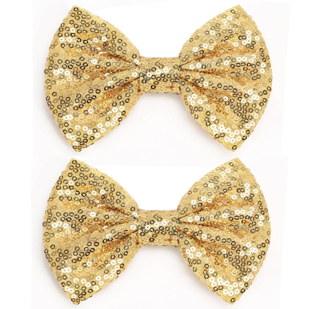KISZU Large 5 Inch Glitter Hair Bows Clips, Sparkling Sequin Big Bow HairPins for Baby Girls Children Teens and Women (Gold)